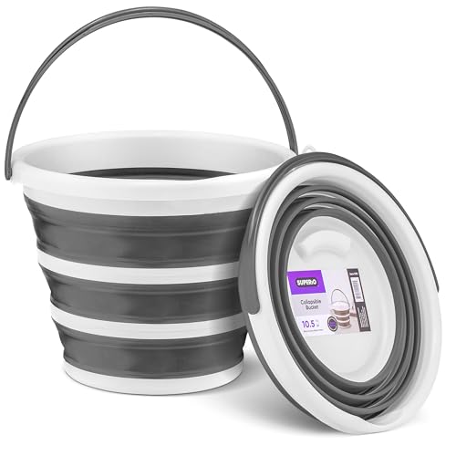 Superio Collapsible Bucket 2 Gallon Bucket with Handle Grey Car Wash Bucket Small Foldable Silicone Pail for Camping, Fishing, Cleaning, Mopping, 10 Liter