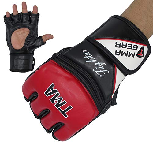 TMA MMA Gloves for Grappling Martial Arts Training, Maya Hide Leather Sparring Mitts, Perfect for Cage Fighting, Punching Bag, Muay Thai & Kickboxing - color: Red, size: Small-Medium