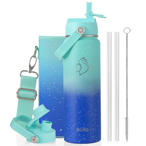 BUZIO 24 oz Insulated Stainless Steel Water Bottle with Straw & Spout Lids | Triple Wall Insulated Tumbler (Dishwasher Safe), Cold for 48 Hrs, Wide Mouth, Leakproof, BPA-Free, for Sports, Gym, School - color: Starry Gradient Blue, size: 24 Ounces