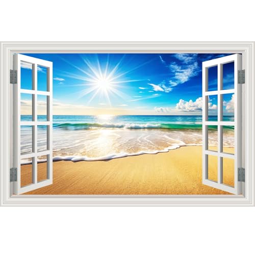 Large Murals 66"x48" Fake Window Wall Mural Sticker Beach Ocean Sea Faux Window Wall Cling Art Picture Office Poster Coastal Decals Decor, Stick and Peel Landscape Natural Scenery Scene - color: Beach001, size: 66"x48"