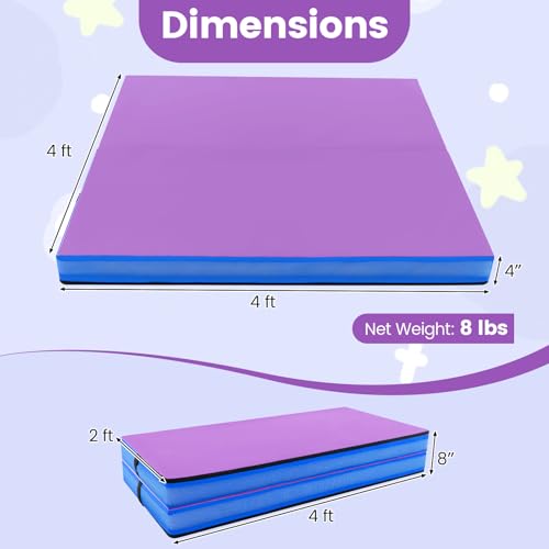GYMAX 4' x 4' Folding Gymnastics Mat, 4" Thick Bi-Fold Exercise Tumbling Mat w/Carrying Handles, PU Leather Cover, Home Gym Mat for Aerobics Workout, Yoga, Stretching - color: Purple+Blue