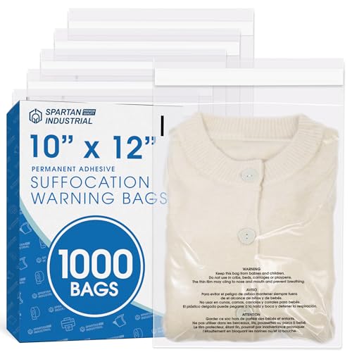 Spartan Industrial - 10" X 12" (1000 Count) Self Seal Clear Poly Bags with Suffocation Warning for Packaging, Shipping - Permanent Adhesive - size: 10" x 12"