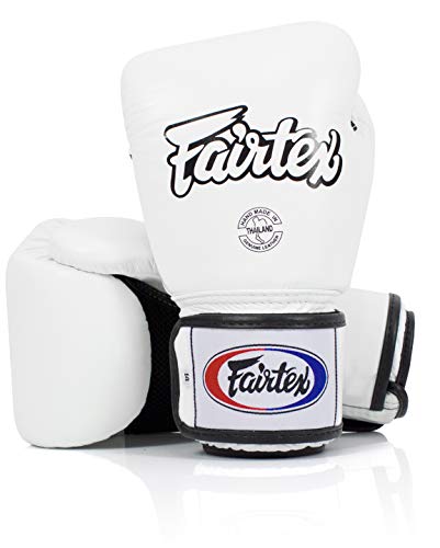 Fairtex BGV1BR Breathable Boxing Gloves, Lightweight Shock Absorbent Gear | Handcrafted genuine hide with multi-layer foam. Single strap closure keeps hands cool while hitting heavy bags or speed bags - color: White, size: 12 oz