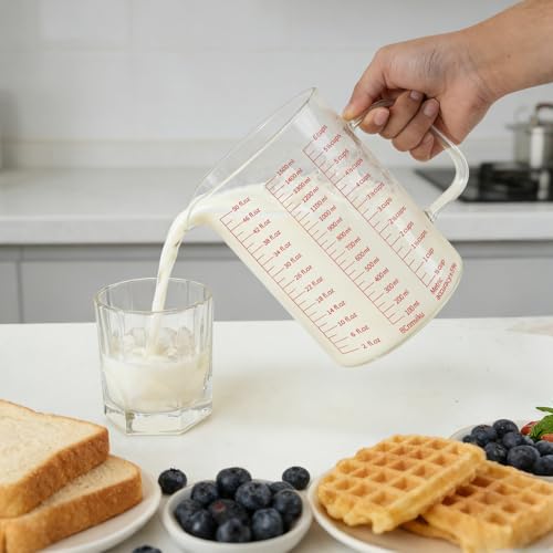 BCnmviku Glass Measuring Cup 6CUPS/1500ML/50OZ High Borosilicate [Insulated Handle | V-Shaped Spout]For Prepping Baking and Cooking Preheated Oven Dishwasher Freezer and Microwave Safe