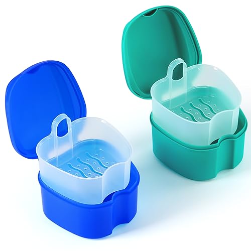 JMU 2 Pcs Denture Bath Case, Denture Cup with Strainer Basket Tray - color: Navy Blue,Teal Blue