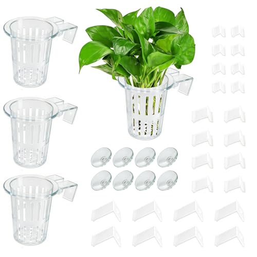 4 Pack Aquarium Plant Holder for Live Plants, Fish Tank Plant Holder with 24 Adjustable Hooks (3 Sizes) & 8 Aquarium Suction Cups, Plant Holder for Fish Tank for Pothos, Aquascape Decorations