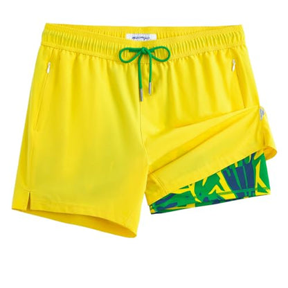 maamgic Mens Swim Trunks with Compression Liner 5 Inch, Quick Dry Bathing Suit with Zipper Pockets, No-Chafing Swim Shorts - color: Brazilian Yellow, size: Small