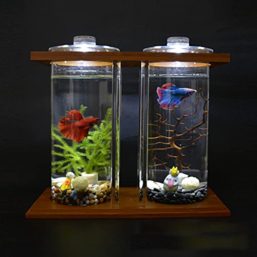 Creative Ecological Fish Tank,Dual Glass Small Fish Tank with Bamboo Wood Stand,Mini DIY Desktop Aquarium for Goldfish,Betta Fish,or Small Fish