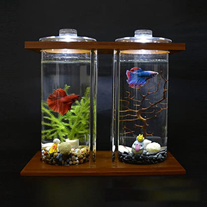 Creative Ecological Fish Tank,Dual Glass Small Fish Tank with Bamboo Wood Stand,Mini DIY Desktop Aquarium for Goldfish,Betta Fish,or Small Fish
