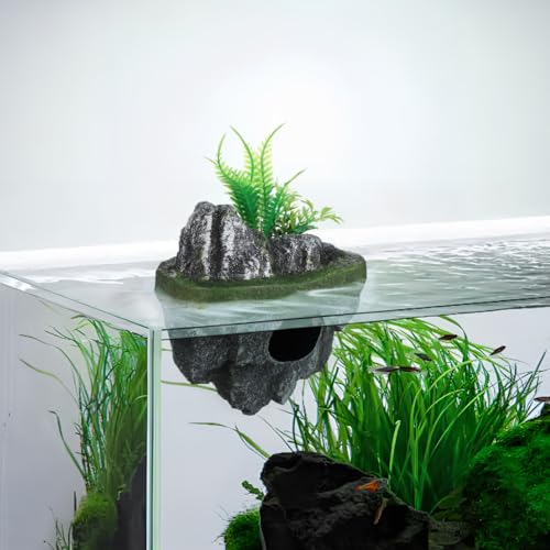 VICASKY Floating Aquarium Decoration Realistic Rock Fish Tank Ornament Hideout Shelter for Fish with Durable Moss Island Design 6.29X4.72X3.14In