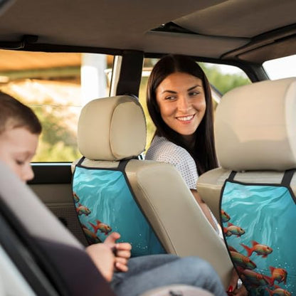 Fish Aquarium Car Kick Mats Backseat Organizer, 2 Pack Backseat Protector for Car, Heavy Duty Waterproof Seat Back Cover with 3 Mesh Pockets, Auto Seat Accecories for Pets Kids