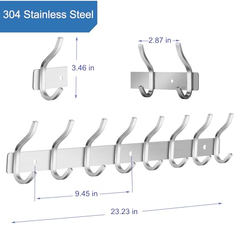 23 Inch Coat Rack Wall Mount with 8 Hooks, Silver Coat Hooks - color: Silver, size: 8 Hooks