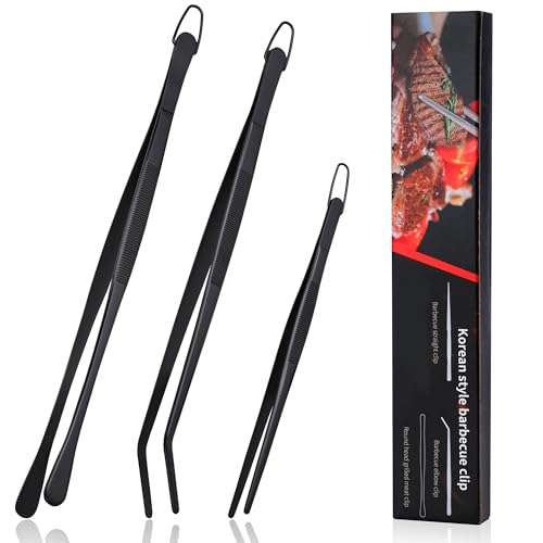 3 Pcs Cooking Tweezers Set, 8" 12" Food Grade 304 Stainless Steel Kitchen Tweezers with Straight & Angled Serrated Tips, Fingerprint-Proof Precision Tongs for BBQ, Plating, Aquascaping