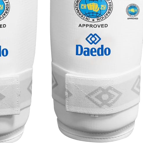 Daedo ITF Approved White Shin Guards – Martial Arts Leg Protectors – Lightweight Guards with Straps for Training - size: X-Large