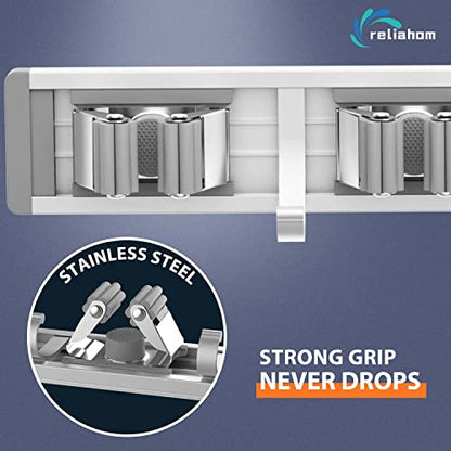 reliahom Broom Holder Wall Mount Mop Hanger Tools organizer 5Racks4Hooks,2P | Adjustable Mop Broom Wall Hanging Heavy Duty Tools Storage Rack Space-saving for Garage,Kitchen,Laundry Room,Garden, Silver - color: Silver