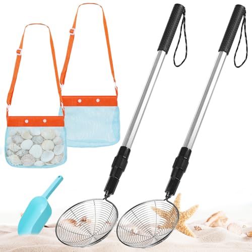 2 Pack Sand Sifter for Beach Shell Scooper with Seashell Bag and Sand Shovel Adjustable Shark Teeth Sifter Shelling Tools for Beach Seashell Collecting and Beachcombing
