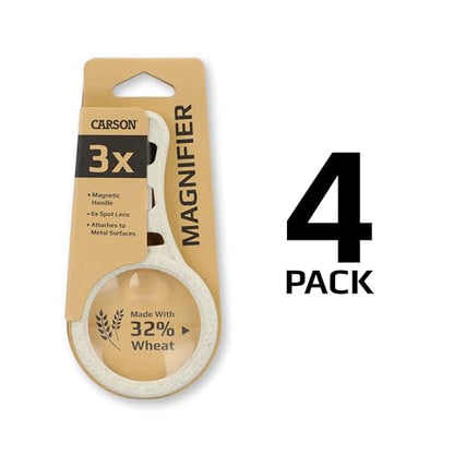 4 Pack Carson MagnetMag Wheat Magnifier - Organic Handheld Magnifier with 3X Magnification, 6X Spot Lens and Magnetic Handle Made from Real Wheat - Magnifying Glasses Set (DX-50EF)