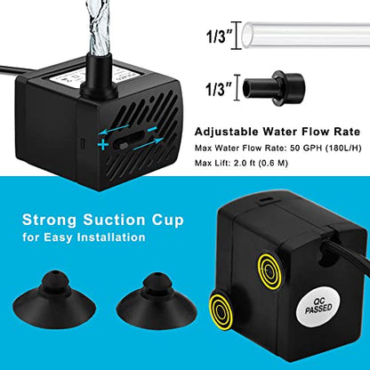 50GPH 3W Mini Submersible Water Pump with 3.3 FT Tubing for Aquariums, Fish Tank, Pond, Fountain, Hydroponics