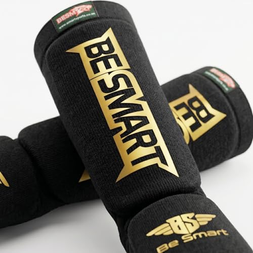 Be Smart MMA Shin Guards for Kickboxing, Muay Thai & Martial Arts – Padded Instep Protection, Lightweight Cotton Elastic Shin Pads – Adult & Youth Training Gear - color: Black/Gold, size: Small-Medium