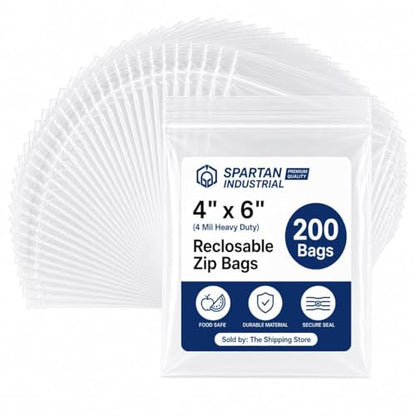 Spartan Industrial - 200 Count - 4” X 6” (4 Mil Heavy Duty) Thick Clear Plastic Reclosable Zip Poly Bags with Resealable Lock Seal Zipper - Durable - size: 4" X 6"