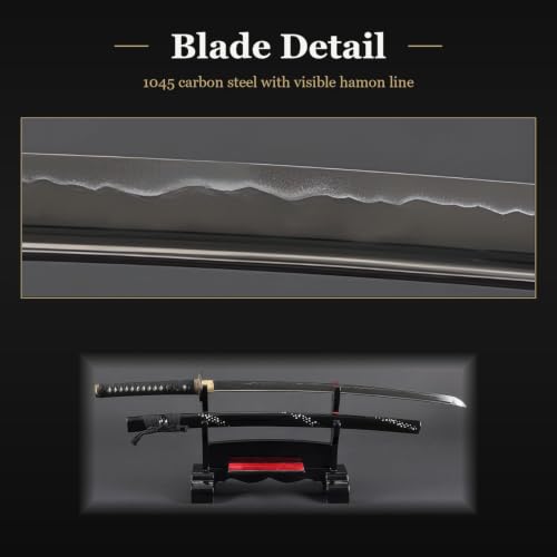 Hand Forged 1045 Heat-Tempered Katana, Full Tang Sword - color: Black, Mother of Pearl Crane