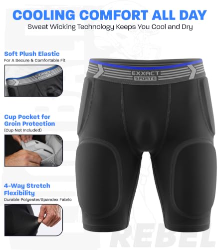 Exxact Sports Rebel 5-Pad Youth Football Girdle with Cup Pocket - color: Black, size: Youth Medium