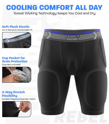 Exxact Sports Rebel 5-Pad Youth Football Girdle with Cup Pocket - color: Black, size: Youth Medium