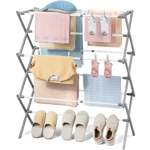 KINGBOARD 3-Tier Extendable Clothes Drying Rack, Foldable, White & Grey | 37.4"H x 33.8"W x 11.2"D, Space-Saving Collapsible, Easy Assembly, Rust-Resistant Iron Frame, Indoor Outdoor Use, 25lb - color: White&grey