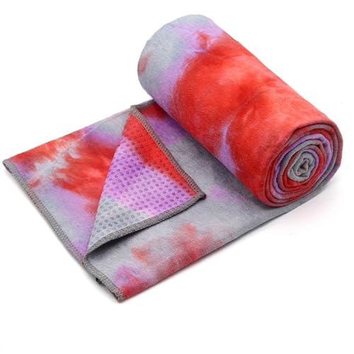 Eunzel Non Slip Hot Yoga Mat Towel with Grip Dots, 72" x 24" - color: Red & Gray