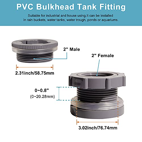 2 Inch PVC Bulkhead Water Tank Connector Adapter Fitting with Plugs Thru-Bulk Pipe Fitting for Rain Barrels, Aquariums, Ponds(Set of 1) - size: 2"-1pcs