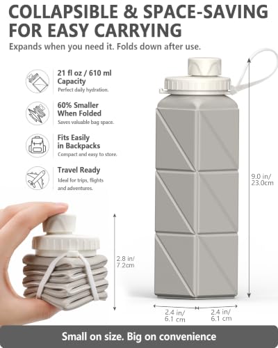 BEAUTAIL Collapsible Water Bottles 21oz/610mL, Silicone Travel Water Bottle | BPA Free, Leakproof & Reusable, Foldable Water Bottle for Traveling, Hiking, Gym, School, Sports, Outdoor, 1-Pack, Starlight - color: Starlight