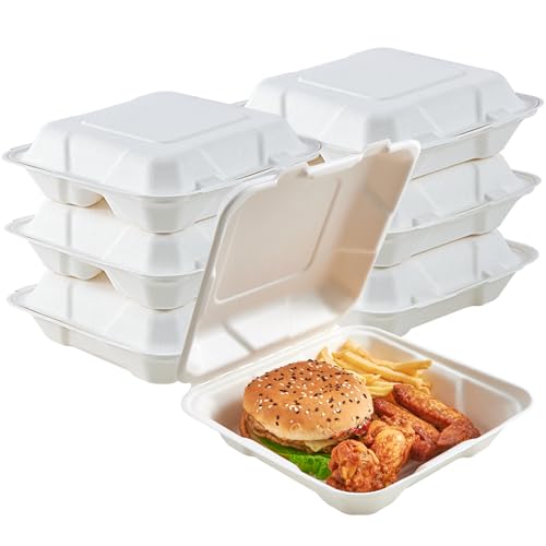 50 Pack Clamshell Take Out Food Containers, 100% Compostable Disposable To Go Containers, 8X8 inch Heavy-Duty To Go Boxes for Food - color: 8*8 in, 1-Compartment,50Pack