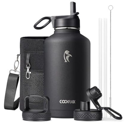 Coolflask Half Gallon Water Bottle Insulated with Straw & 3 Leakproof Lids - color: Magic Black, size: 64 Ounces