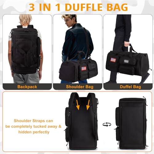 Expandable Gym Bag for Men,Tactical Large 3-in-1 Travel Duffle Backpack Bag - color: Black