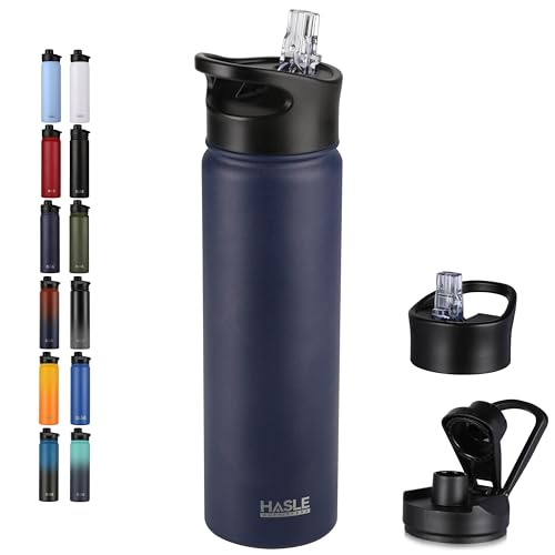 HASLE OUTFITTERS Insulated Water Bottle 22 oz Double Wall Stainless Steel Water Bottle Wide Mouth with Straw Lid & Spout Lid Keeps Cold or Hot(Navy,1) - color: Navy, size: 22 Ounces