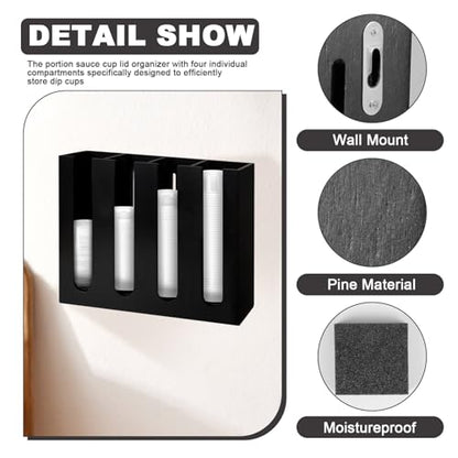 Wall Mount Portion Sauce Cup Lid Organizer Wood Sauce Cup Dispenser 4 Compartments Portion Cup and Lid Holder with Sponge Pad Cup Dispenser fits Cups Size 2 3 oz for Kitchen Counter Restaurant