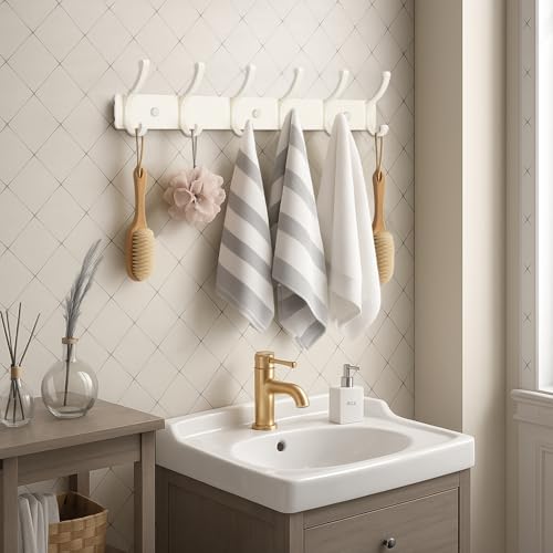 Wall Mount Coat Rack 1 Pack, White Coat Hooks Hanger with 6 Double Hooks - color: White, size: 1 Pack(6 hooks)