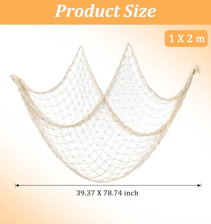 Decorative Fishing Net, 40 x 80 Inch Fish Net Decorations, Fishing Netting Decor for Ocean Themed Party Beach Coastal Bedroom (Beige)