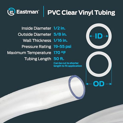 Eastman 1/2 Inch ID (5/8 Inch OD) PVC Clear Vinyl Tubing, 50 Foot Length, 98623 - size: 1/2 in. ID x 5/8 in. OD, style: 50 Ft.