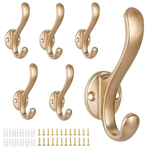 6 Pack Coat Hooks Wall Mount Heavy Duty Utility Retro Double Hooks for Hanging Coats,Hat, Towel, Key, Robe, Scarf, Bag, Cap (Gold) - color: 6 Pack-Gold