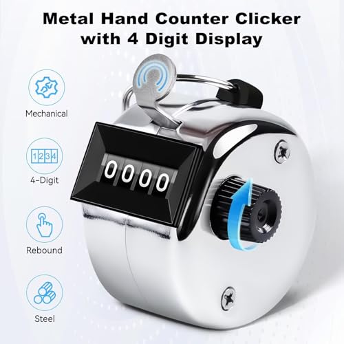 Anyongora Clicker Counter, Metal Hand Tally Counter with 4 Digit Display | Silver pitch counter clicker for golf stroke, baseball, coaching, knitting, lap, row sport