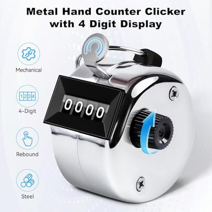 Anyongora Clicker Counter, Metal Hand Tally Counter with 4 Digit Display | Silver pitch counter clicker for golf stroke, baseball, coaching, knitting, lap, row sport