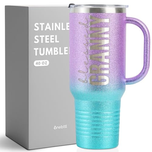 Onebttl Christian Grandma Gifts for Mother's Day & Christmas, 40oz Purple & Blue Glitter Handle Stainless Steel Tumbler, Straw & Lid Included, Blessed Granny Gifts
