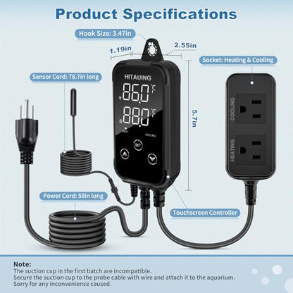 Digital Temperature Controller, Aquarium Heater Reptile Thermostat Heating and Cooling Dual Outlet with Seawater-Resistant Probe for Fish Tanks, Reptile Tanks, Greenhouse & Seedling Mat