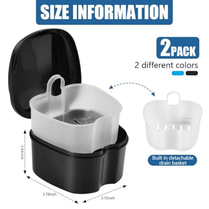 KISEER 2 Pack Colors Denture Bath Case Cup Box Holder Storage Soak Container with Strainer Basket for Travel Cleaning (Light Blue and Black) - color: Light Blue and Black