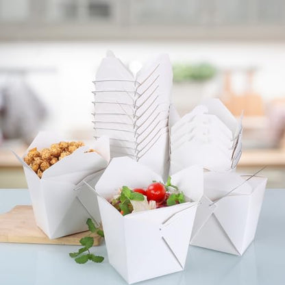 50 Pack 32oz Chinese Take Out Food Boxes with Metal Wire Handle & Labels, Party Favor Boxes Paper Take Out Food Containers For Hot Or Cold Food