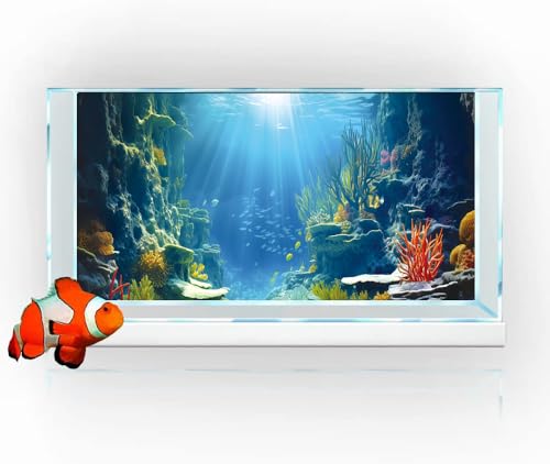 48X20IN Blue Sea Floor Aquarium Background, Natural Underwater World 3D Effect Fish Tank Decorations Background, Art Terrarium Background with 8 EVA Double-Sided Tape