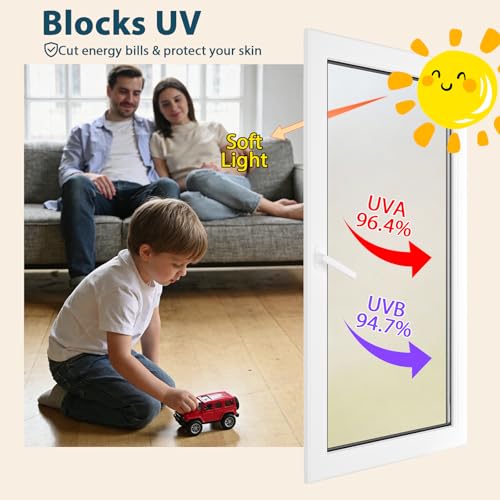 Timeet Window Privacy Film, Frosted Glass Window Clings, Static Cling Heat UV Blocking Anti-Glare Frosting Stickers, Decorative Bathroom Door Coverings Day and Night, 17.5 x 78.7 Inch, Pure