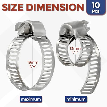 10Pcs Stainless Steel Hose Clamps, Adjustable 1/2" to 3/4" (13-19mm) Heavy Duty Worm Gear Hose Clamp Assortment Kit, Metal Fuel Line Clamping for Radiator, Dryer Vent