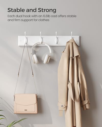 SONGMICS Wall-Mounted Coat Rack, 4 Dual Metal Hooks - color: White, size: 1 Pack-4 Hooks, style: Without Shelf